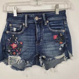 AMERICAN EAGLE Woman's Denim Shorts Size 00 Embroidered Raw Hem Hippie Boho